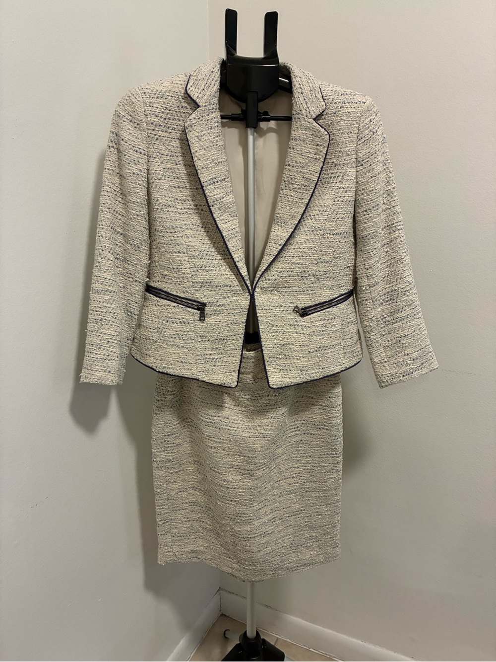 Ann Taylor Cream Tweed Blazer and Skirt Set with Black Trim